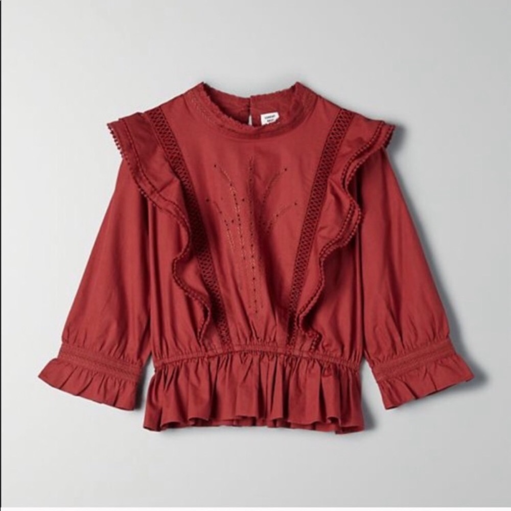Cherry Aritzia Embroidered Blouse